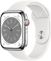 Новые смарт-часы Apple Watch Series 8 (GPS + Cellular, 45 мм) — серебристый корпус из нержавеющей стали с белым спортивным ремешком — стандартный размер. Фитнес-трекер, приложения для измерения уровня кислорода в крови и ЭКГ, водонепроницаемость. 1000009962
