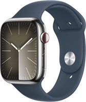 Смарт-часы Apple Watch Series 9 [GPS+Cellular, 45 мм] в серебристом корпусе из нержавеющей стали со спортивным ремешком цвета «штормовой синий» (Storm Blue) S/M. Фитнес-трекер, приложения для измерения уровня кислорода в крови и ЭКГ, постоянно включенный 1000009977