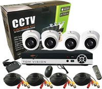 Комплект видеонаблюдения Tomvision 4-канальный AHD 1080P/2.0MP с гибридной системой видеонаблюдения 5-в-1 1080N DVR с 4 пластиковыми купольными камерами для помещений, системой сигнализации и домашней безопасностью P2P Cloud 1000014455