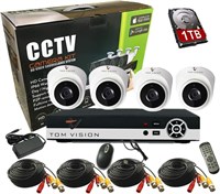 Комплект видеонаблюдения Tomvision 4-канальный AHD 1080P/2.0MP с гибридным DVR 1080N, системой видеонаблюдения, жестким диском на 1 ТБ и 4 пластиковыми купольными камерами для помещений, системой сигнализации и облачным сервисом P2P для домашней безопасно 1000014616