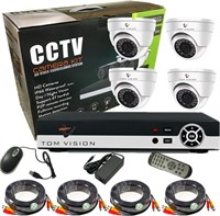 Комплект видеонаблюдения Tomvision 4-канальный AHD 960P/2.0MP с гибридной системой видеонаблюдения 5-в-1 1080N DVR с 4 пластиковыми купольными камерами для помещений, системой сигнализации и домашней безопасностью P2P Cloud 1000014654
