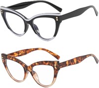 Очки для чтения и работы за компьютером с прозрачными линзами, без рецепта, для женщин и мужчин, большие, блокирующие синий свет, стильные очки «кошачий глаз», антибликовые и УФ-фильтры, защита от усталости глаз (2 шт.) 1000017014