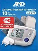 Автоматический тонометр с адаптером AND UA-777, манжета подходит для обхвата руки от 22 до 32 см, в комплекте два набора батареек. 1000019499