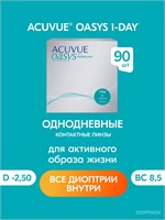 90 однодневных контактных линз ACUVUE OASYS с фокусным расстоянием -2.50 и диаметром 8.5 мм. 1000020254