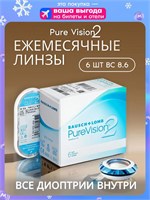 Линзы для контактных линз Pure Vision 2 на месяц, 6 штук, с фокусным расстоянием -4.00 и радиусом кривизны 8.6 от компании Bausch + Lomb. 1000020289
