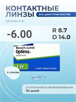 4 штуки контактных линз Optima FW для замены каждый месяц с базовым радиусом 8.7 и диоптриями -6.00. 1000020292