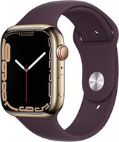 Смарт-часы Apple Watch Series 7 (GPS + Cellular, 41 мм) — корпус из нержавеющей стали золотистого цвета с спортивным ремешком темно-вишневого цвета — стандартный размер. Фитнес-трекер, приложения для измерения уровня кислорода в крови и ЭКГ, водонепроница 1000020431