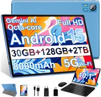 Планшет 2025 года, 10 дюймов, Android 15, 30 ГБ + 128 ГБ памяти, Wi-Fi 6, Bluetooth 5.0, аккумулятор 6000 мАч, двойная камера 8+5 МП, 1280 x 800, Cast, OTG, Type-C, в комплекте чехол, клавиатура и мышь, небесно-голубой цвет. 1000021123