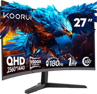 Игровой изогнутый монитор KOORUI 27 дюймов, 180 Гц, VA-дисплей, QHD 1440P, время отклика 1 мс, HDR10, 90% DCI-P3, Adaptive Sync, совместимость с VESA, регулировка наклона 27E6QCA 1000021523