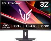 LG 32G600A-B 32-дюймовый изогнутый игровой монитор Ultragear QHD (2560 x 1440), 180 Гц, 1 мс, AMD FreeSync, HDMI, DisplayPort, регулируемая по наклону/высоте/повороту подставка, черный 1000021562