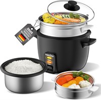 Рисоварка объемом 2 л с пароваркой и внутренней кастрюлей с антипригарным покрытием — для приготовления супов, рагу, каши и поддержания тепла, в комплекте пароварка, мерный стаканчик и ложка (черный E) 1000022756