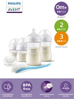 Набор для новорожденных Philips Avent Natural Response SCD838/11 включает в себя 4 бутылочки (2 по 125 мл и 2 по 260 мл), 2 соски с медленным потоком, 2 соски со средним потоком, 1 пустышку ultra soft для детей от 0 до 6 месяцев и щеточку 1000026123
