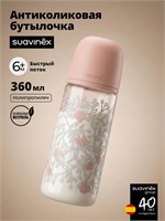 Бутылочка Suavinex объемом 360 мл предназначена для детей от 6 месяцев. Она обладает антиколиковыми свойствами и оснащена соской SX Pro быстрого потока. Цвет бутылочки - розовый 1000026222