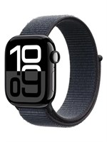 Apple Watch Series 10 в алюминиевом корпусе цвета Jet Black с функцией GPS и спортивным ремешком Sport Loop, размер Regular, имеет диаметр 46 мм. 1000026675