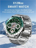 Умные часы SmartX X12Max имеют 1,62-дюймовый HD экран, поддерживают NFC, обладают голосовым ассистентом, водонепроницаемы, выполнены из металла с силиконовым ремешком и имеют зеленый цвет. 1000026851
