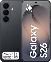 Samsung Galaxy S26 в черном цвете представляет собой AI-телефон с 512 ГБ памяти и 12 ГБ ОЗУ. Устройство оснащено настраиваемым приложением и функцией автоподстройки частоты. Телефон также имеет 50-мегапиксельную камеру, аккумулятор емкостью 4300 мАч и 2-л 1000026927