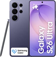Samsung Galaxy S26 Ultra представлен в цвете кобальтово-фиолетовом и оснащен 1 ТБ памяти, AI-технологиями, 16 ГБ оперативной памяти, настраиваемым процессором, и встроенной функцией защиты конфиденциальности дисплея. Также в комплекте идет 2-летняя гарант 1000027027