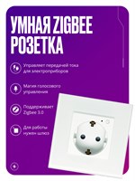 Умная розетка Zigbee с заземлением и шторками, предназначенная для круглого подрозетника и с возможностью подключения нагрузки до 16А, выполнена в белом цвете и установлена в стеклянную рамку 1000032358
