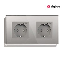 Двойная умная розетка MVAVA ZigBee с встроенным таймером, оборудованная заземлением и поддержкой голосового помощника Алиса, выполнена в сером цвете и имеет стеклянную поверхность 1000032433