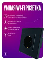 Умный Wi-Fi устройство с возможностью подключения к 16А для круглого подрозетника, с заземлением и защитными крышками, в стильной стеклянной рамке, окрашенной в черный цвет 1000032465