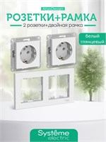 Двойная внутренняя розетка белого цвета с заземлением от Schneider Electric ATLASDESIGN, включая рамку на 2 поста ATN000143 1000032532