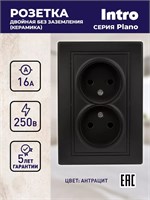 Двойная розетка Intro Plano 1-204-05 без контакта с землей, 2x2P 16А-250В IP20 для скрытого монтажа, цвет - черный 1000032574