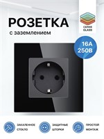 Розетка FUJIHOME S1B одинарная с заземлением, рамка выполнена из стекла. Рабочее напряжение 220 вольт, максимальный ток 16 ампер. Цвет розетки - черный 1000032671