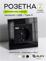 Розетка ALEV Neo с USB и TYPE-C, оборудованная заземлением и стеклянной рамкой, выполнена в черном цвете 1000032679