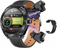 Смарт-часы T95 с наушниками для iPhone и Android — круглые, 1,52 дюйма, Bluetooth, функция звонков, фитнес-трекер, длительное время работы в режиме ожидания, воспроизведение музыки (черные), черный кожаный ремешок + ремешок из ТПУ 1000013283