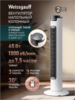 Weissgauff напольный вентилятор WFC-90 W является колонным устройством с мощностью 45 Вт и 3 скоростями. Он имеет возможность поворота на 70 градусов, встроенный таймер, функцию вращения влево-вправо, пульт дистанционного управления, ночной режим и доступ 1000035112