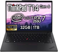 Lenovo (модернизированный) ThinkPad T14 Gen 5 Business Laptop 14" FHD+ IPS, Intel Ultra 7 155U, 32 ГБ DDR5 RAM, 1 ТБ SSD, 5-мегапиксельная веб-камера, сканер отпечатков пальцев, подсветка, Wi-Fi 6E, 2 порта Thunderbolt 4, AI PC, Windows 11P 1000003222